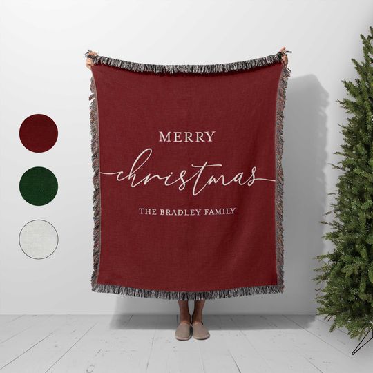 Discover Custom Merry Christmas Blanket: Personalized Woven Throw with Family Name, Holiday Decor Gift