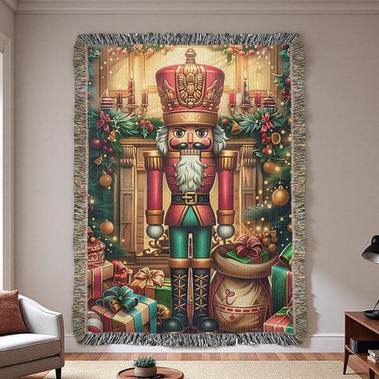 Discover Nutcracker Christmas Blanket | Woven Cotton Throw | Festive Holiday Home Decor Gift