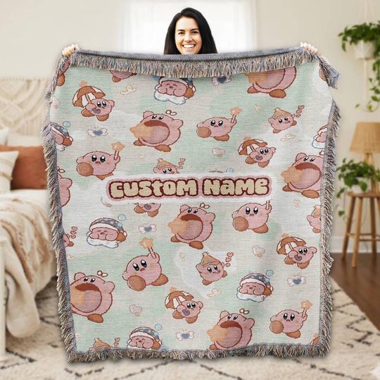 Personalized Kirby Woven Blanket, Custom Pink Kirby Blanket, Kirby Video Games Blanket, Custom Name Blanket, Christmas Birthday Gifts 31