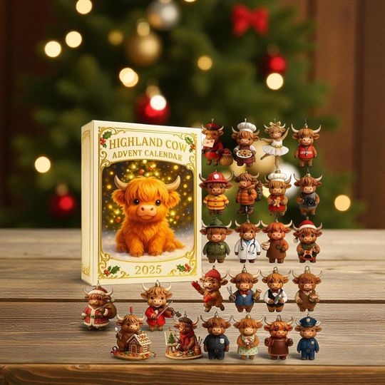 Discover Christmas Highland Cow Advent Calendar 2025, 24 Day Cow Lover Countdown Box, Cute Highland Figurines Gift, Advent Calendar for Animal Lovers