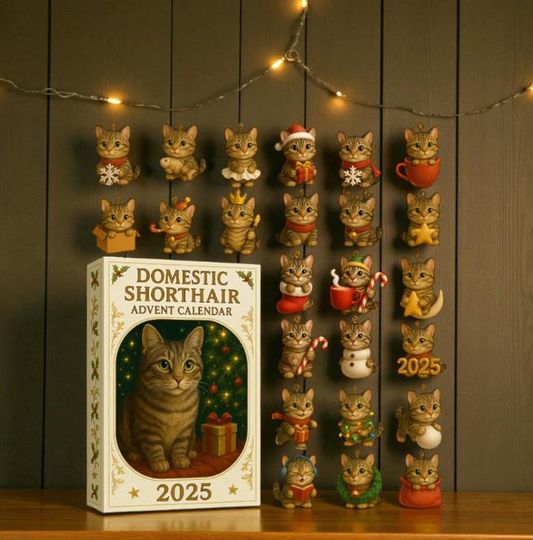 Discover Domestic Shorthair Advent Calendar 2025, 24 Day Acrylic Cat Ornament Box, Cute Kitten Countdown Gift, Holiday Decor for Cat Lovers