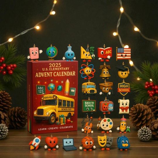 Discover U.S. Elementary Advent Calendar 2025, 24 Day Acrylic Ornament Box, Cute School Theme Countdown Gift, Classroom Christmas Decor