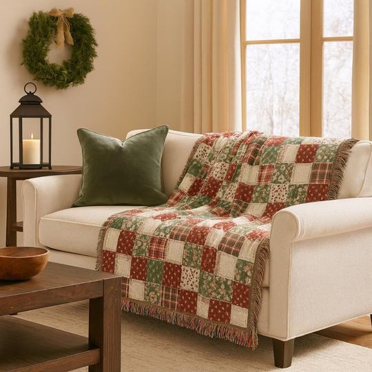 Discover Cozy Plaid Floral Patchwork Woven Cotton Blanket, Rustic Christmas Cottage Style Throw, Housewarming Gift