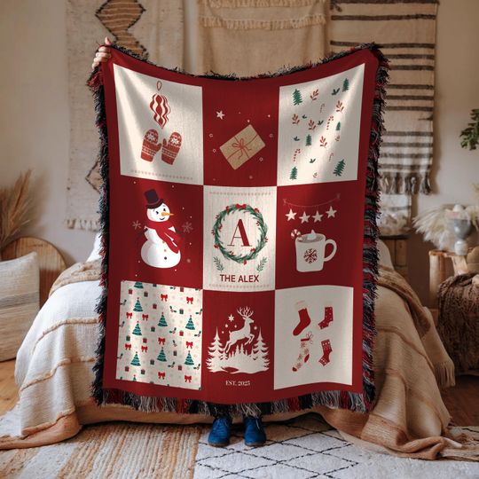 Discover Personalized Family Name Woven Christmas Blanket: Holiday Decor Throw