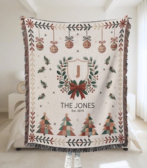 Personalized Christmas Woven Blanket Family Name Holiday Custom Throw Monogram Blanket Rustic Festive Home Decor Christmas Gift for Couples