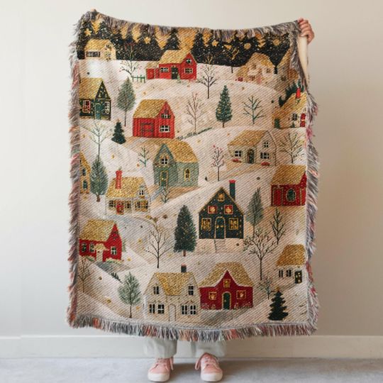 Discover Christmas Woven Blanket, Personalized Festive Xmas Village Cotton Throw, Keepsake Tapestry
