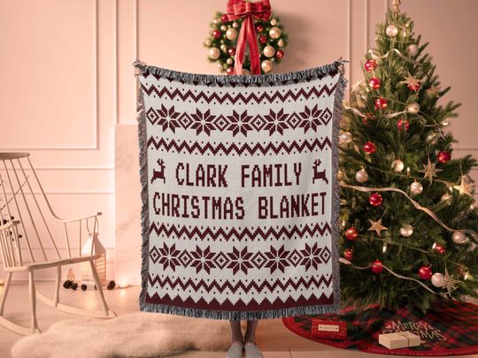 Discover Christmas Ugly Sweater Woven Throw Blanket, Personalized Family Christmas Blanket for Couch in Retro Red, Festive Holiday Home Decor Gift