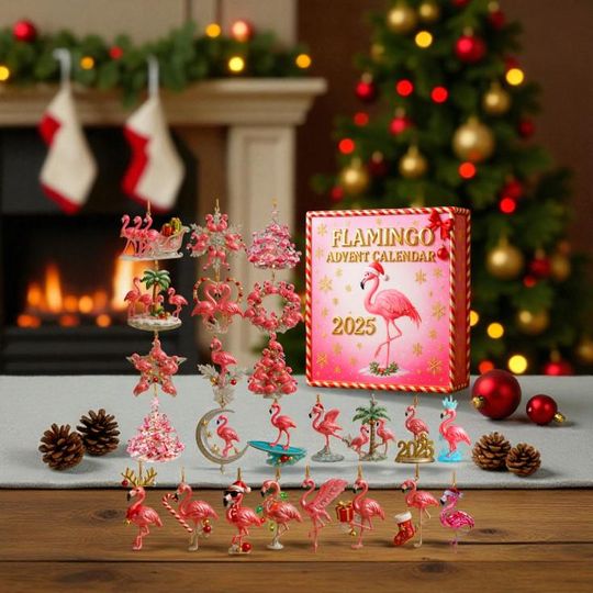 Discover Christmas Flamingo Advent Calendar 2025, 24 Day Tropical Countdown Box, Pink Flamingo Figurines Gift, Holiday Decor for Beach &Summer Lovers