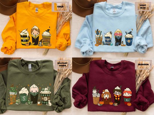 Discover Wizard Coffee Characters Sweatshirt, Magic House Crewneck, Fantasy Latte Graphic Pullover, Cozy Fall & Halloween Outfit