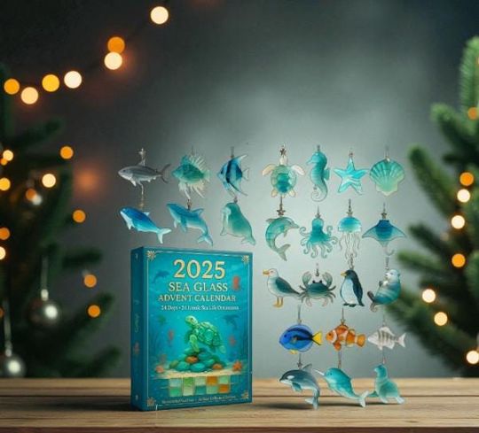 Sea Glass Advent Calendar 2025, 24 Day Acrylic Ocean Ornament Countdown Box, Flat Sea Life Decor, Coastal Christmas Gift for Beach Lovers