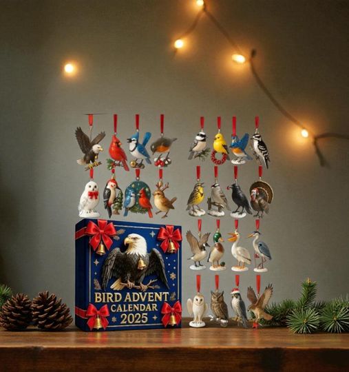 Discover Bird Advent Calendar 2025, 24 Day Acrylic Bird Ornament Countdown Box, Flat Bird Lover Gift Set, Christmas Advent Calendar for Nature Lovers