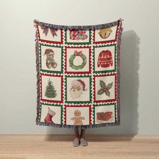 Discover Retro Holiday Jacquard Throw | Patchwork Santa Sleigh & Wreath Design | Inclusive Santa Options