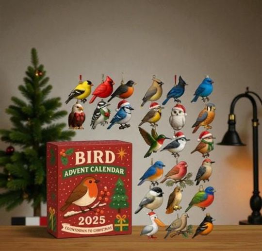Discover Bird Advent Calendar 2025, 24 Day Acrylic Bird Ornament Countdown Box, Flat Feathered Friend Decor, Christmas Gift for Bird Lovers