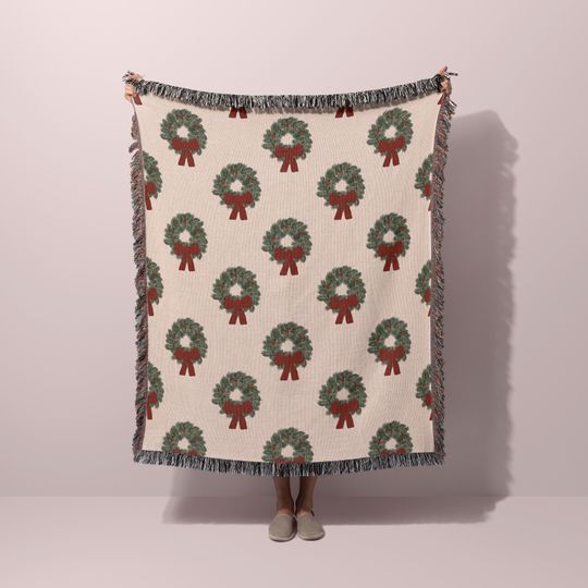 Christmas Wreath Woven Holiday Blanket, Evergreen Pattern, Traditional Xmas Home Decor