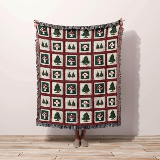 Discover Christmas Throw Blanket Woodland Forest Theme, Winter Granny Square Blanket Christmas Decor Vintage Holiday Red Green Traditional Christmas