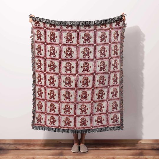 Discover Christmas Blanket Gingerbread Granny Square Girls Boys | Woven Throw Christmas Blanket | Retro Cottagecore Holiday Blanket | Brown Pink