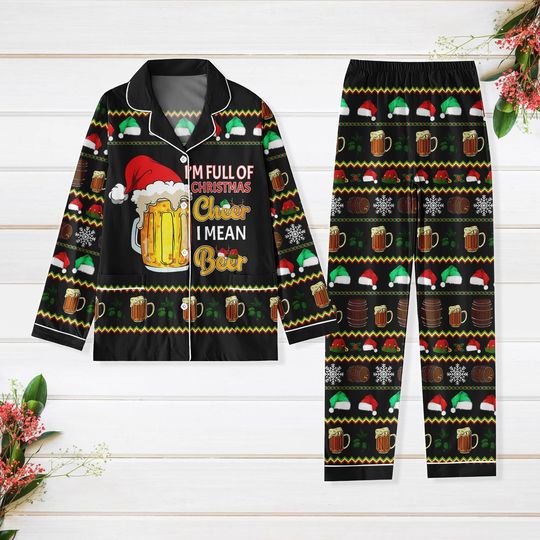 Beer Lover Christmas Pajama Set, Funny Beer Xmas Pajamas, Santa Holiday Pajamas, Christmas Loungewear