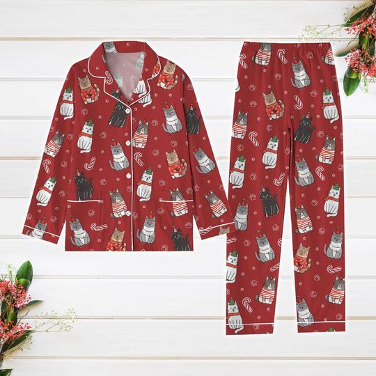 Discover Cat Christmas Pajamas Set, Meowy PJs, Santa Family Pajamas, Animal Holiday Sleepwear, Pets Lover Gift