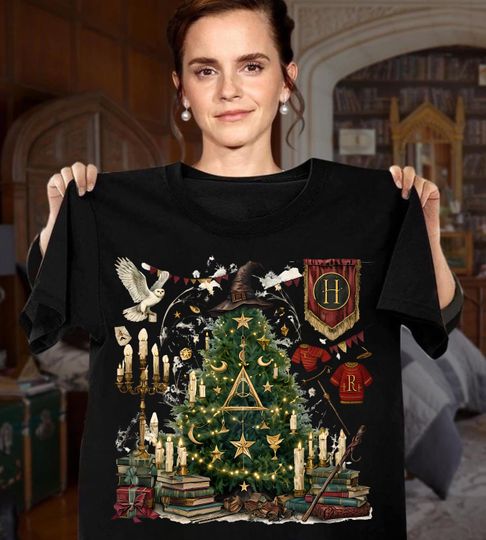 Hogwarts Christmas Tree Shirt, Magical Holiday Sweatshirt, Wizard Gifts for Potter Fans, Cozy Xmas Top for Book Lovers, HP Holiday Hoodie