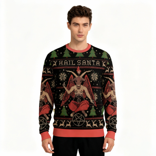 Funny Satan Claus Hail Santa Ugly Sweater Novelty Xmas Pullover Christmas Cosplay Party Outfit for Men Women Winter plus size