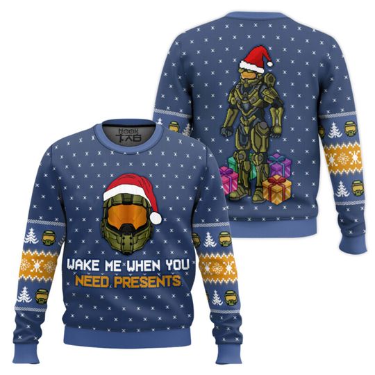 Discover Wake Me When You Need Presents Halo Ugly Christmas Sweater Funny Holiday Party Pullover Xmas Sweaters for Men Xmas Gift 2026