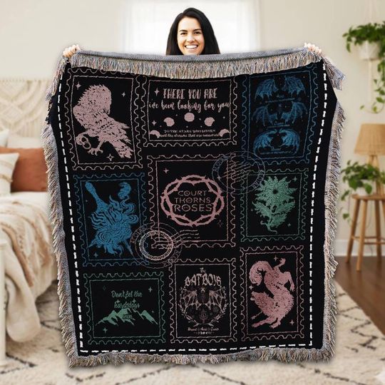 Acotar Bat Boys Stamps Woven Blanket, The Night Court Blanket, Velaris Night Court Blanket, Bookish Christmas Blanket, Bookish Home Decor