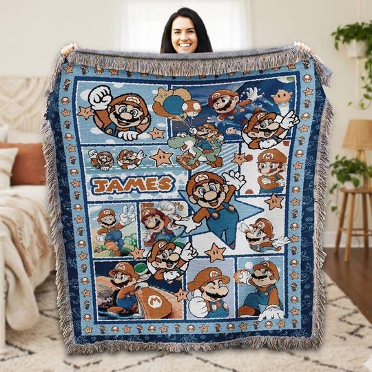 Personalized Super Mario Woven Blanket Custom Name Mario Birthday Party Gift Super Mario Luigi Princess Peach Blanket Mario Christmas Gift