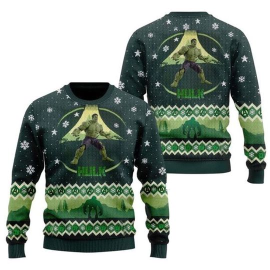 Winter Marvel Christmas Ugly Sweater Superhero Hulk Series Green Full Print Fashionable Cool Personalized Fan Holiday Dress Up