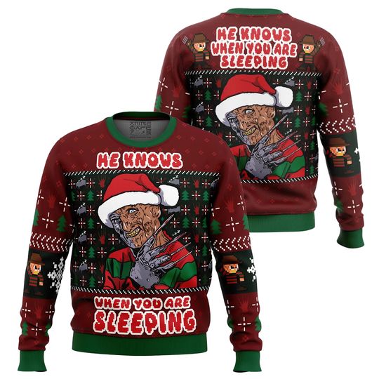 Discover Abnormal Killer Freddie Kruger Christmas Ugly Sweater Red Green Classic Retro Horror Christmas Winter Warm Collar Hooded Sweater