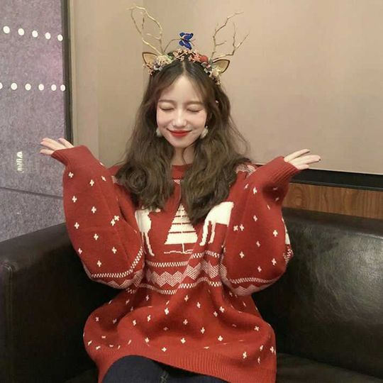 Discover Red French Style Christmas Sweater Women Loose Thickened Autumn Winter Korean Lazy Style Overhead Student Knitwear Polo Collar