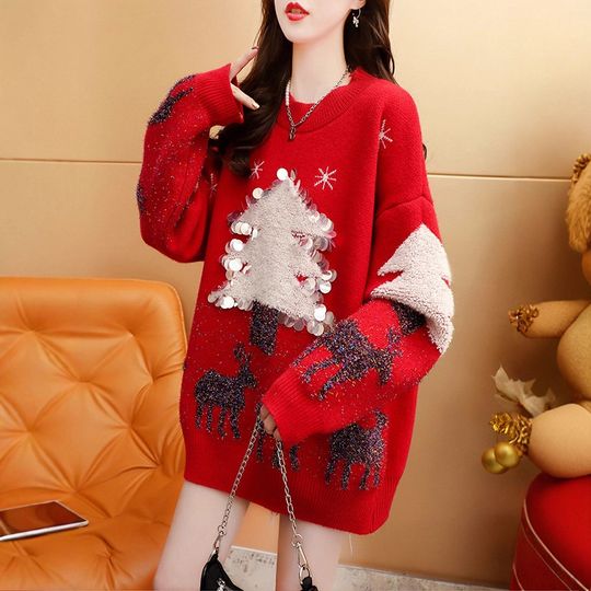 Discover Red Christmas Sweater Women's Loose Fit Autumn Winter Outerwear Shiny Sequins Lazy Style Top Fashionable Versatile Comfortable