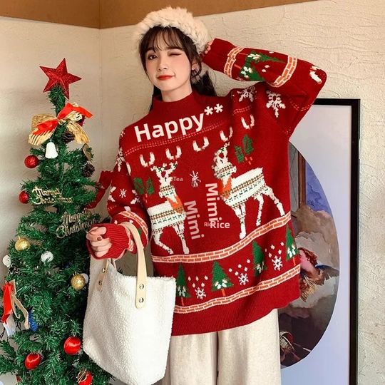 Ladies Christmas Sweater Red Lazy Style Autumn Winter Loose Fit Trendy Top Small Size Friendly Warm