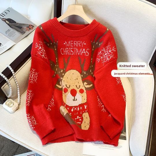 Discover Christmas Sweater Women's Loose Lazy Style Knitted Red Shirt Inner Wear Outer Wear Autumn Winter New Arrival Deer Pattern Thi...