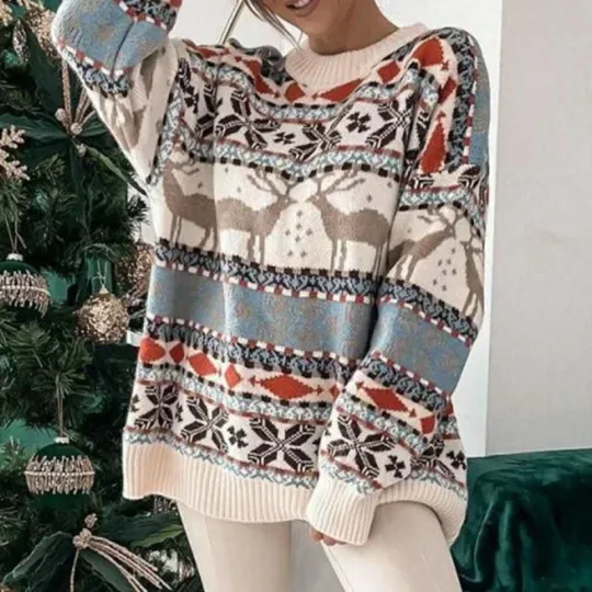 Y2k Style 2025 Winter Women Christmas Sweaters Allover Print Oversized Jumpers Full Sleeve Warm Thick  Pullover Top