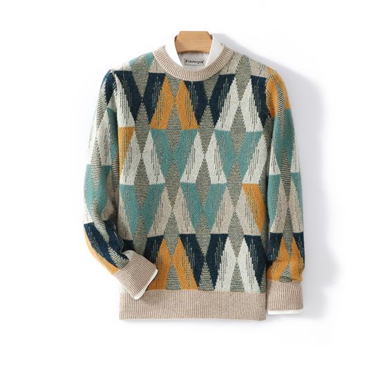 Autumn Winter Color-Block Jacquard Pure Wool Sweater Men's Crew Neck Sweater Youth Trendy Loose Fashion Wool