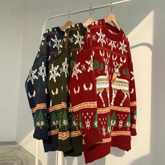 Discover Christmas New Red Sweater Men's Hong Kong Style Winter Casual Loose Versatile Knitted Shirt Couple's Comfortable Long Sleeve