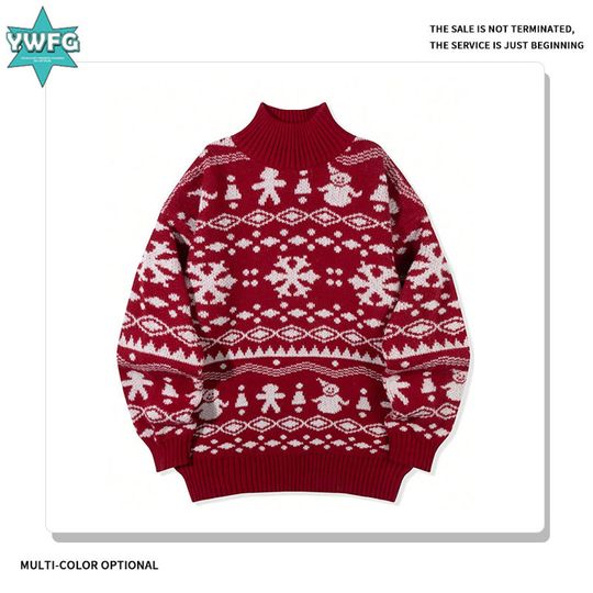 Christmas Theme Half High Neck  Sweater for Men Autumn Winter New Style Loose Fit Long Sleeve Casual Fashion Polyester...