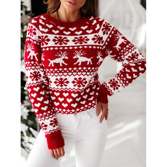 Discover New Autumn Winter Knitted Sweater Women's Round Neck Pullover Christmas Elk Snowflake Long Sleeve Knitted Sweater