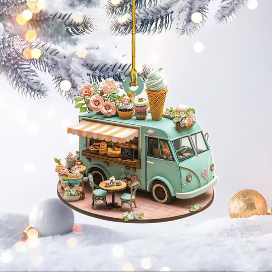 Discover Ice Cream Truck 2D Flat Christmas Ornament, Christmas Tree Decor, Loved Ice Cream Xmas Ornament, Hanging Holiday Ornament Gift