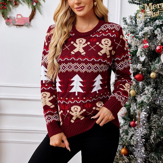 Discover 2025New Gingerbread Man Jacquard Long Sleeve Sweater Pullover Casual Top Christmas Sweater