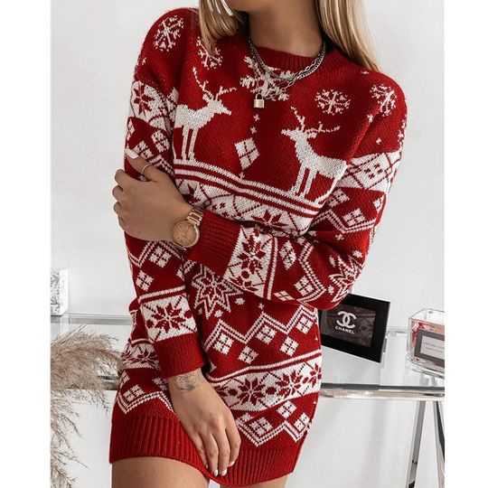 Discover Pull En Maille Femme Damen KleidungAutumn And Winter Christmas Theme Printed Mid-length Women's Fashionable Versatile Pullover