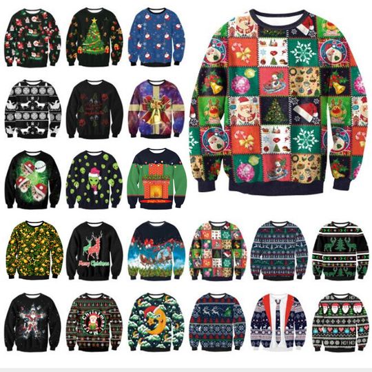 Discover 3D Christmas Deer Snowman Christmas gift Santa Claus Patterned Ugly Sweater Jerseys and Sweaters blouses For Men Women Pullover