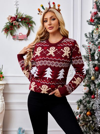 Discover Ugly Sweater Christmas Xmas Sweaters Women 2025 Burgundy Funny New Year Top Pullover Jumper Jacket Long Sleeve Fall Winter 4N910