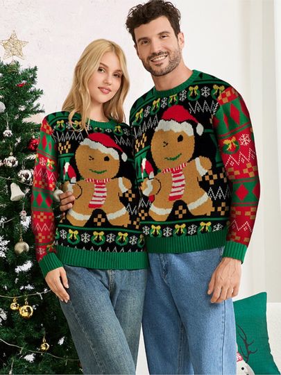 Fashion Casual Family Matching Christmas Sweaters Gingerbread Man Green Pullover Women's Long Sleeve Holiday Party Outfit