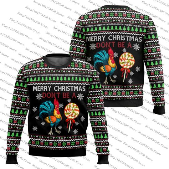 Black Merry Christmas Ugly Christmas Sweater Cock Print Crew Sweatshirt Snowflake Long Sleeve Holiday Trendy Fun Pullover 2026
