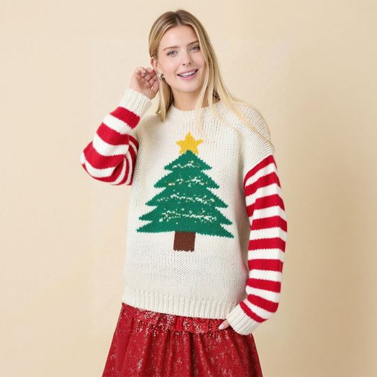 Discover Christmas Tree Pattern Knitted Sweater Women's Fashion Winter Warm Long Sleeve round Neck Polyester Yarn Cute Anti-aging