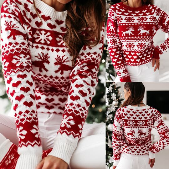 Discover 2025 Christmas Women Sweaters Snowflak Print Long Sleeve O Neck Knitwear Soft Casual Pullover Tops Jacquard Jumpers Pull Femme
