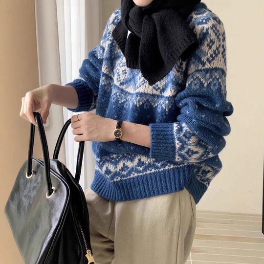 Discover Icelandic Blue Fair Isle Knit Sweater Oversized Christmas Color Block Loose Outerwear Vintage White Supershowy Lazy Top