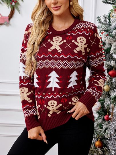 New Autumn Winter Christmas Sweater Women's Jacquard Print Long Sleeve O Neck Casual Merry Xmas Female Pullover Top