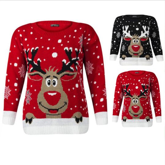 Discover Women Christmas Deer Warm Knitted Long Sleeve Sweater Jumper Tops O-Neck Casual Ugly Blouse Christmas Sweater